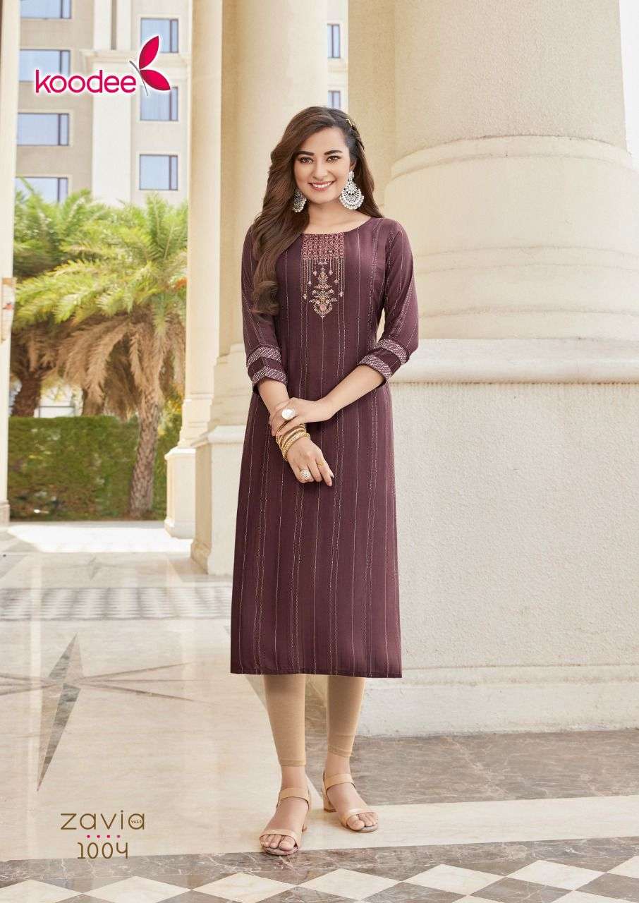 ZAVIA VOL-1 BY KOODEE 1001 TO 1004 SERIES DESIGNER STYLISH FANCY COLORFUL BEAUTIFUL PARTY WEAR & ETHNIC WEAR COLLECTION VISCOSE KURTIS AT WHOLESALE PRICE