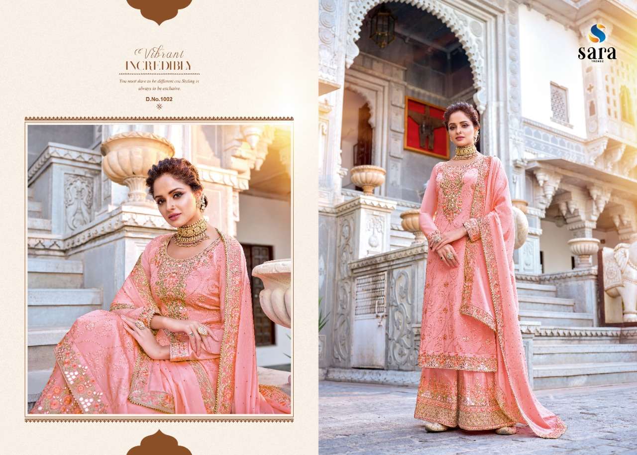 PUSHPA BY SARA TRENDZ 1001 TO 1004 SERIES BEAUTIFUL SUITS COLORFUL STYLISH FANCY CASUAL WEAR & ETHNIC WEAR CHINNON EMBROIDERED DRESSES AT WHOLESALE PRICE