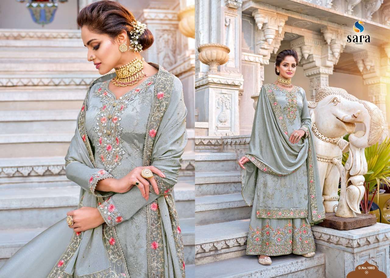 PUSHPA BY SARA TRENDZ 1001 TO 1004 SERIES BEAUTIFUL SUITS COLORFUL STYLISH FANCY CASUAL WEAR & ETHNIC WEAR CHINNON EMBROIDERED DRESSES AT WHOLESALE PRICE