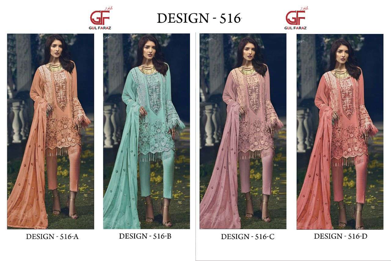 GUL FARAZ 516 COLOURS BY GUL FARAZ 516-A TO 516-D SERIES BEAUTIFUL PAKISTANI SUITS COLORFUL STYLISH FANCY CASUAL WEAR & ETHNIC WEAR FAUX GEORGETTE EMBROIDERED DRESSES AT WHOLESALE PRICE