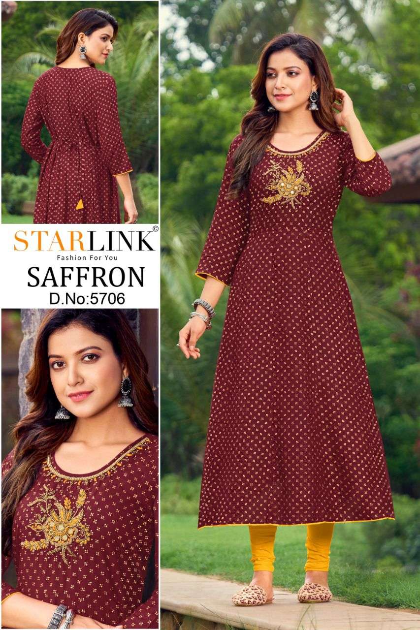 SAFFRON BY STARLINK 5701 TO 5710 SERIES DESIGNER STYLISH FANCY COLORFUL BEAUTIFUL PARTY WEAR & ETHNIC WEAR COLLECTION PURE RAYON KURTIS AT WHOLESALE PRICE