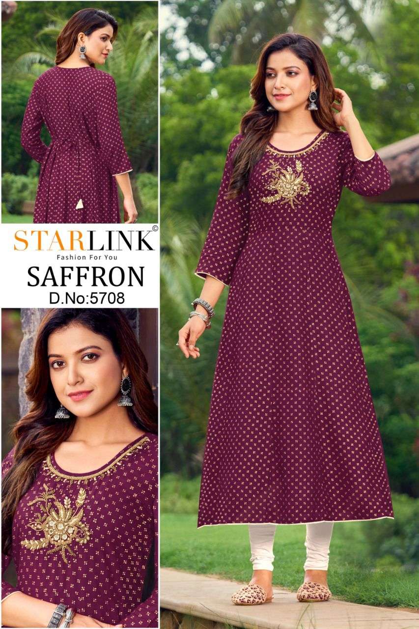 SAFFRON BY STARLINK 5701 TO 5710 SERIES DESIGNER STYLISH FANCY COLORFUL BEAUTIFUL PARTY WEAR & ETHNIC WEAR COLLECTION PURE RAYON KURTIS AT WHOLESALE PRICE