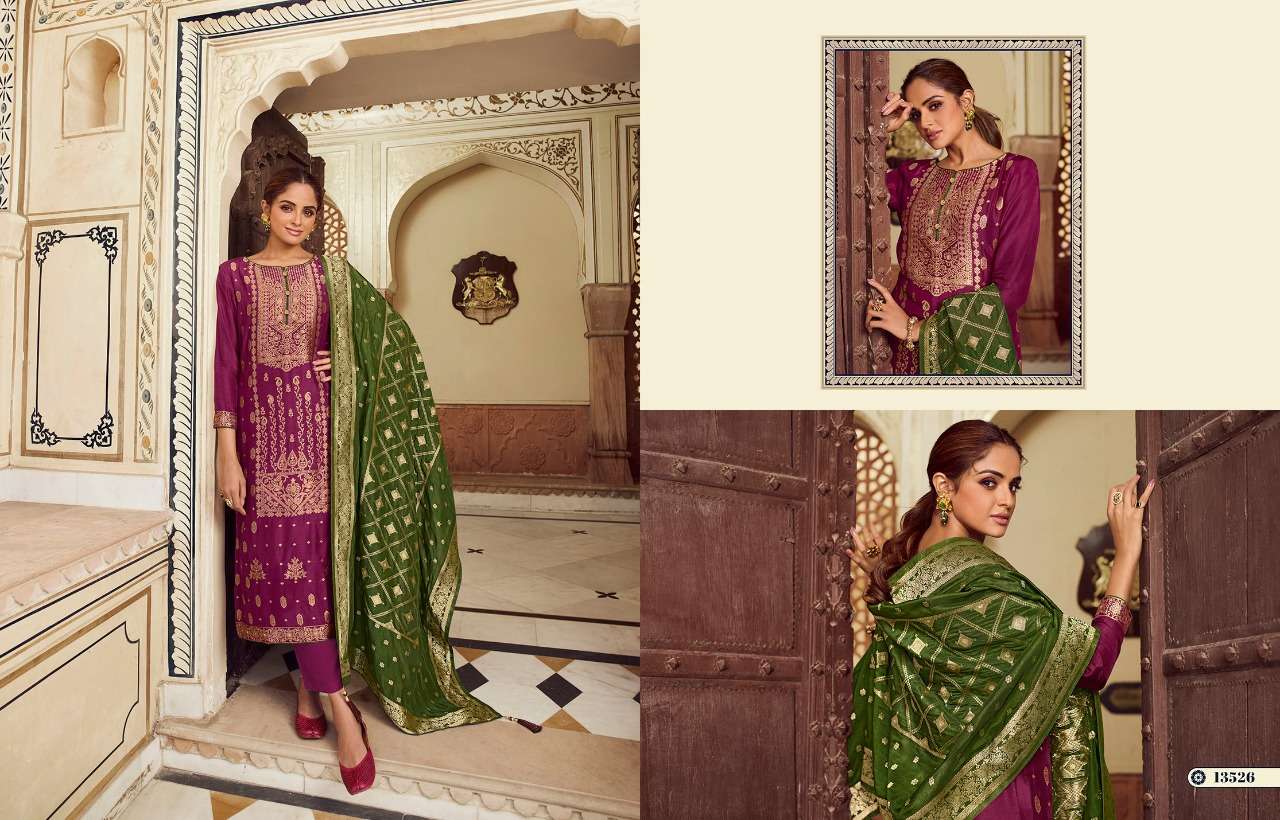 TRADITIONAL MEENAKARI BY ZISA 13521 TO 13526 SERIES BEAUTIFUL SUITS COLORFUL STYLISH FANCY CASUAL WEAR & ETHNIC WEAR DOLA JACQUARD DRESSES AT WHOLESALE PRICE