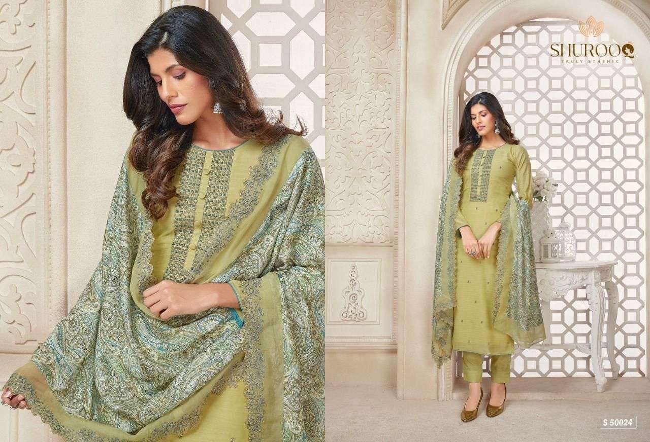 MAAYRA BY SHUROOQ 50021 TO 50024 SERIES BEAUTIFUL SUITS COLORFUL STYLISH FANCY CASUAL WEAR & ETHNIC WEAR PURE COTTON SILK DRESSES AT WHOLESALE PRICE
