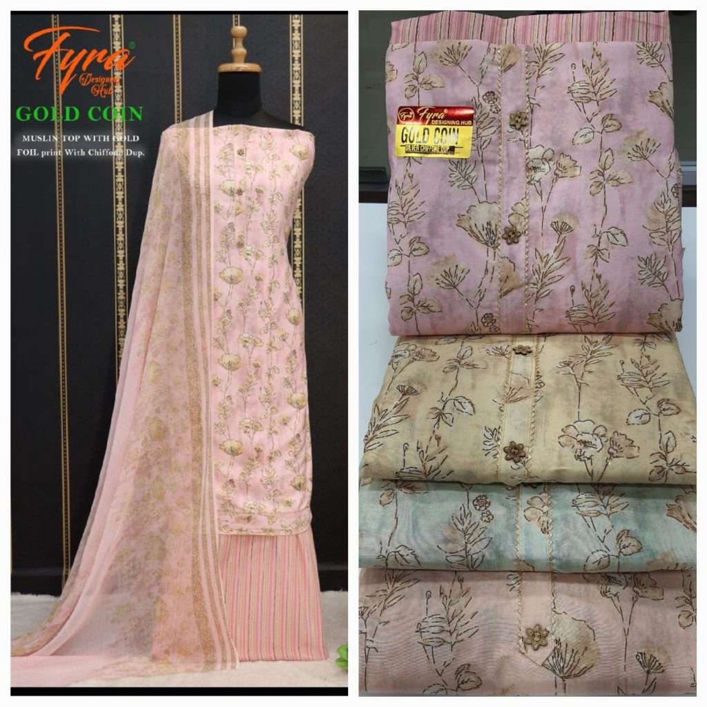GOLD COIN VOL-3 BY FYRA 01 TO 04 SERIES BEAUTIFUL SUITS COLORFUL STYLISH FANCY CASUAL WEAR & ETHNIC WEAR PURE MUSLIN PRINT DRESSES AT WHOLESALE PRICE