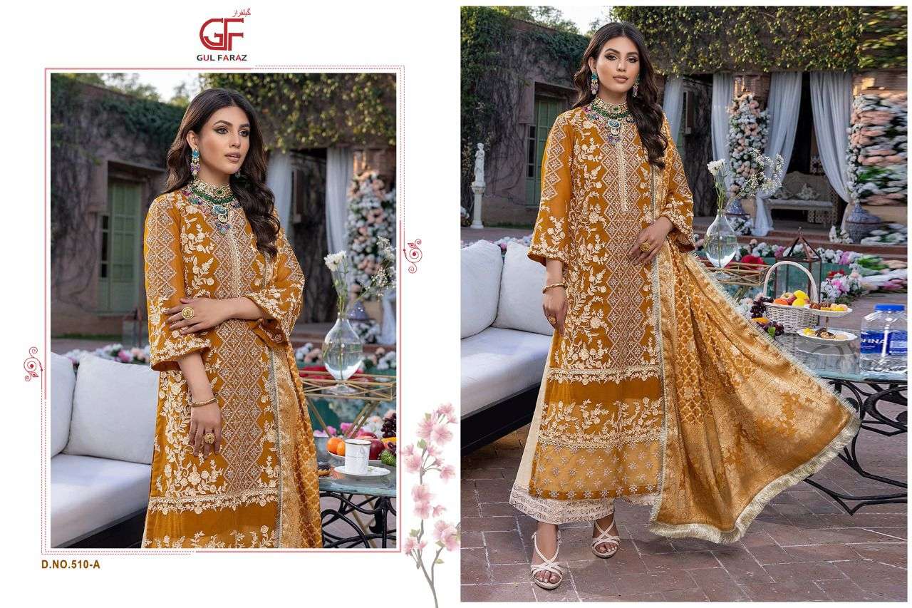 AZURE VOL-3 BY GUL FARAZ 510-A TO 510-D SERIES BEAUTIFUL PAKISTANI SUITS COLORFUL STYLISH FANCY CASUAL WEAR & ETHNIC WEAR FAUX GEORGETTE EMBROIDERED DRESSES AT WHOLESALE PRICE
