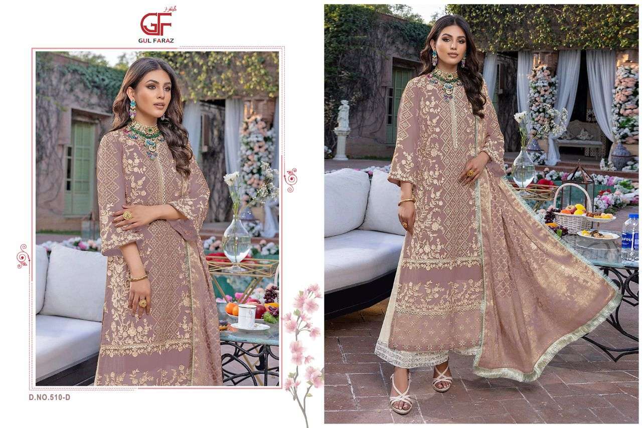 AZURE VOL-3 BY GUL FARAZ 510-A TO 510-D SERIES BEAUTIFUL PAKISTANI SUITS COLORFUL STYLISH FANCY CASUAL WEAR & ETHNIC WEAR FAUX GEORGETTE EMBROIDERED DRESSES AT WHOLESALE PRICE