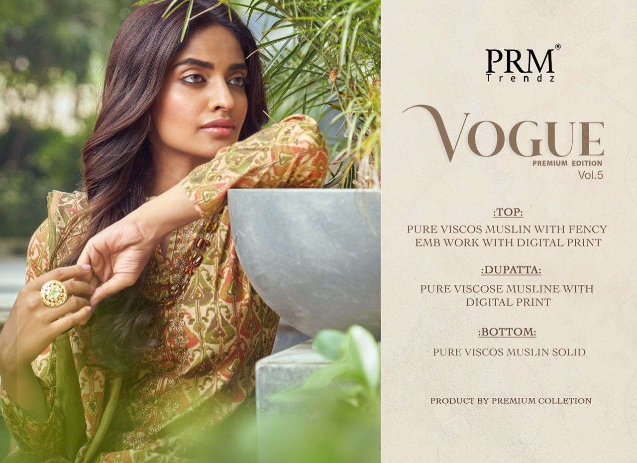 VOGUE VOL-5 BY PRM TRENDZ 9074 TO 9083 SERIES BEAUTIFUL SUITS COLORFUL STYLISH FANCY CASUAL WEAR & ETHNIC WEAR PURE VISCOSE MUSLIN DIGITAL PRINT DRESSES AT WHOLESALE PRICE