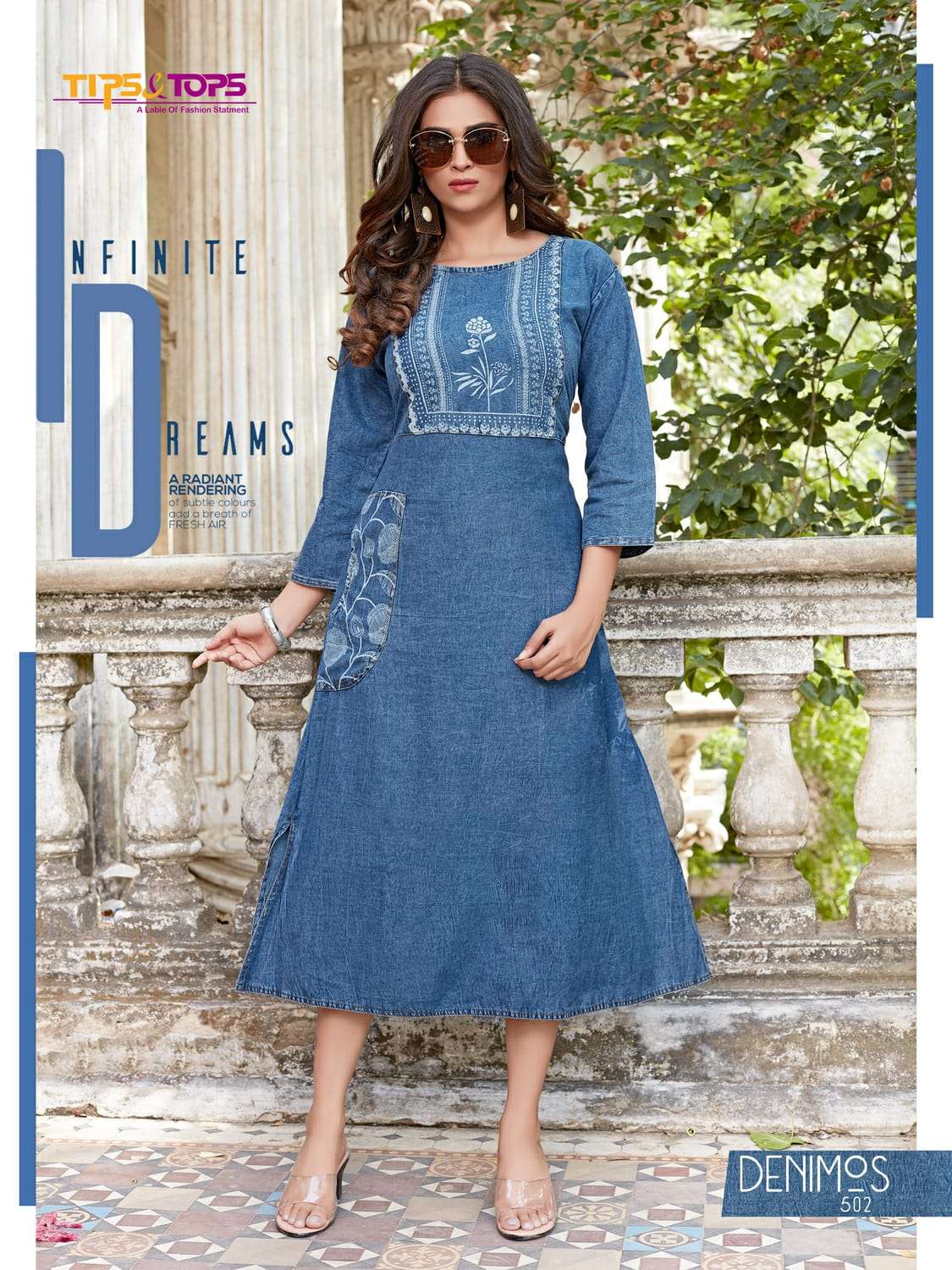 DENIMOS VOL-5 BY TIPS AND TOPS 501 TO 506 SERIES DESIGNER STYLISH FANCY COLORFUL BEAUTIFUL PARTY WEAR & ETHNIC WEAR COLLECTION PURE COTTON DENIM KURTIS AT WHOLESALE PRICE
