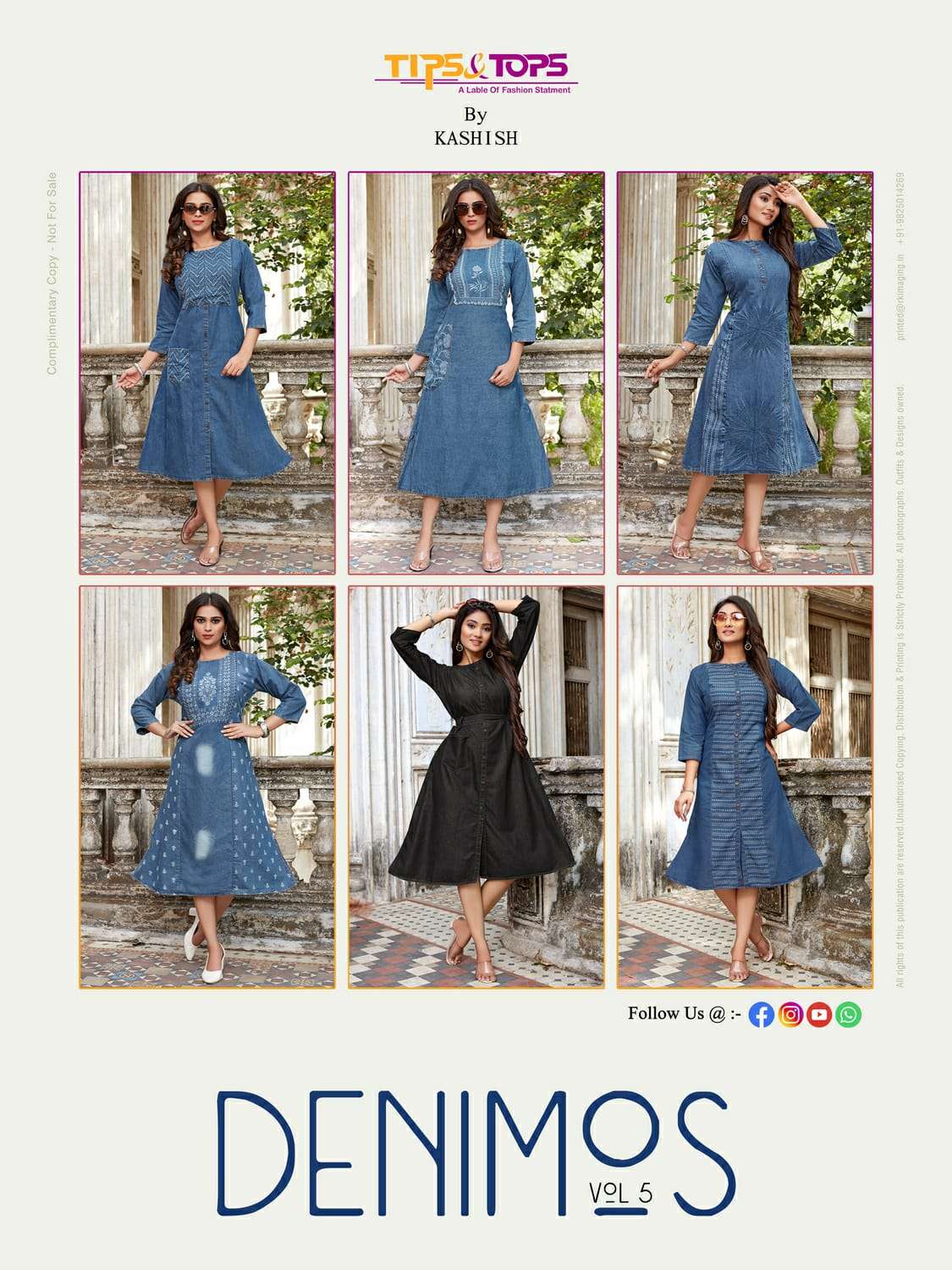 DENIMOS VOL-5 BY TIPS AND TOPS 501 TO 506 SERIES DESIGNER STYLISH FANCY COLORFUL BEAUTIFUL PARTY WEAR & ETHNIC WEAR COLLECTION PURE COTTON DENIM KURTIS AT WHOLESALE PRICE