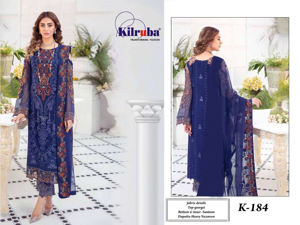 KILRUBA HIT DESIGN K-184 COLOURS BY KILRUBA K-184 TO K-184-A SERIES DESIGNER FESTIVE PAKISTANI SUITS COLLECTION BEAUTIFUL STYLISH FANCY COLORFUL PARTY WEAR & OCCASIONAL WEAR GEORGETTE EMBROIDERED DRESSES AT WHOLESALE PRICE