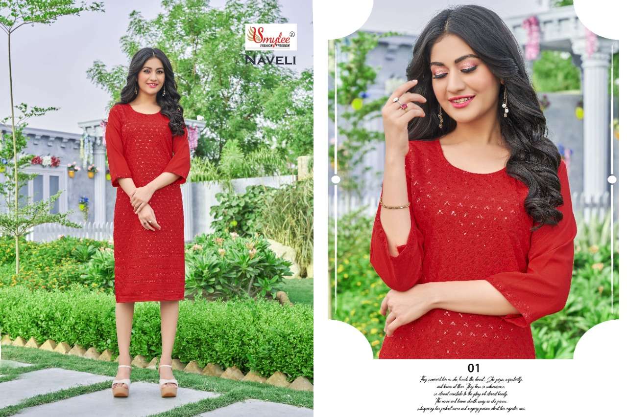 NAVELI BY SMYLEE 1001 TO 1008 SERIES DESIGNER STYLISH FANCY COLORFUL BEAUTIFUL PARTY WEAR & ETHNIC WEAR COLLECTION PURE RAYON KURTIS AT WHOLESALE PRICE