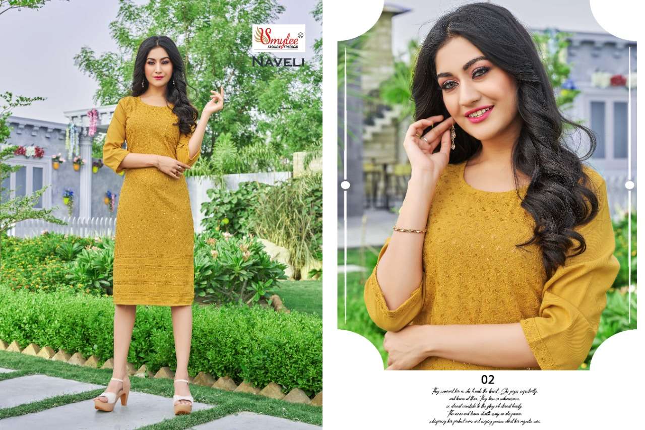 NAVELI BY SMYLEE 1001 TO 1008 SERIES DESIGNER STYLISH FANCY COLORFUL BEAUTIFUL PARTY WEAR & ETHNIC WEAR COLLECTION PURE RAYON KURTIS AT WHOLESALE PRICE
