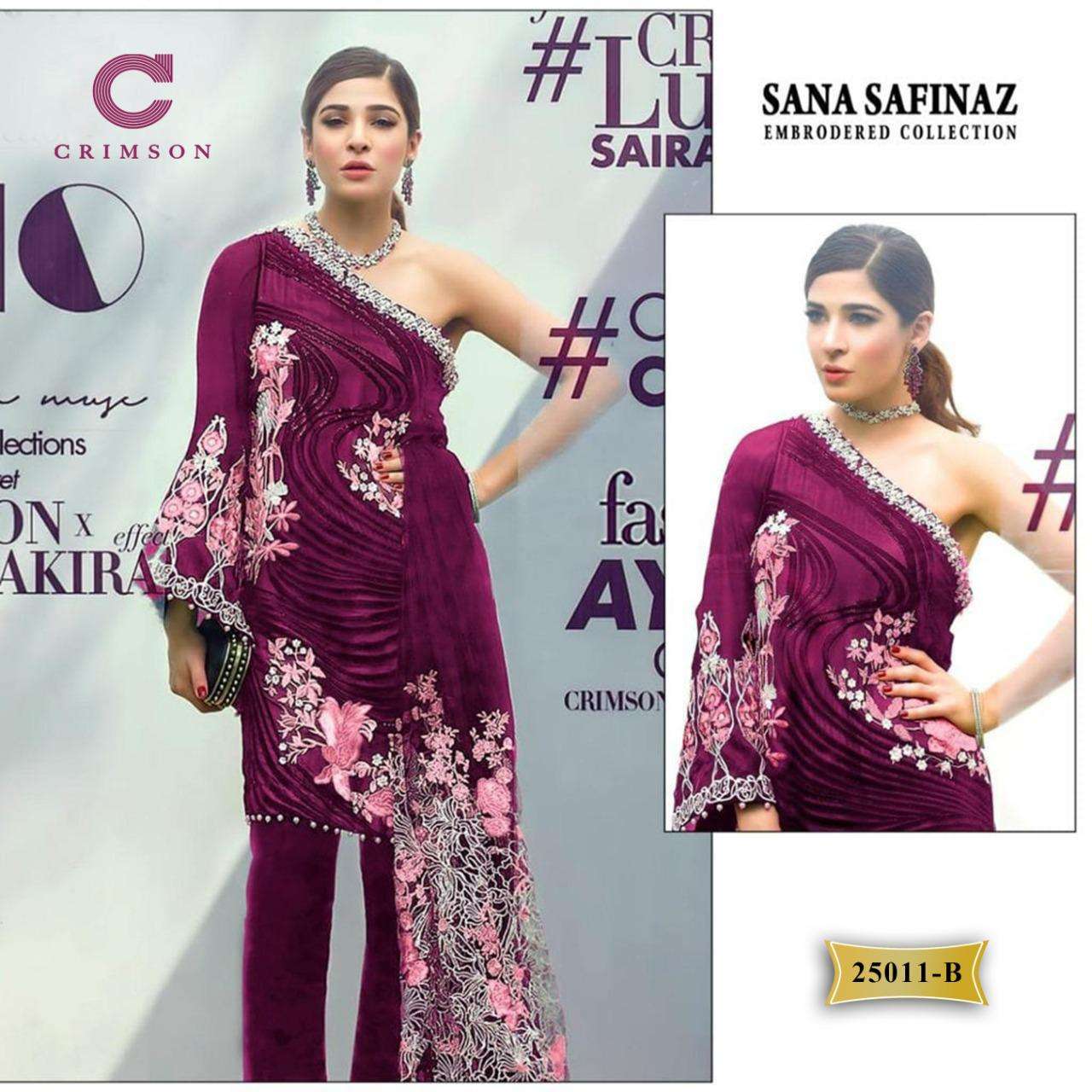 SANA SAFINAZ EMBROIDERED COLLECTION BY CRIMSON 25011 TO 25011-B SERIES PAKISTANI STYLISH BEAUTIFUL COLOURFUL PRINTED & EMBROIDERED PARTY WEAR & OCCASIONAL WEAR GEORGETTE EMBROIDERED DRESSES AT WHOLESALE PRICE