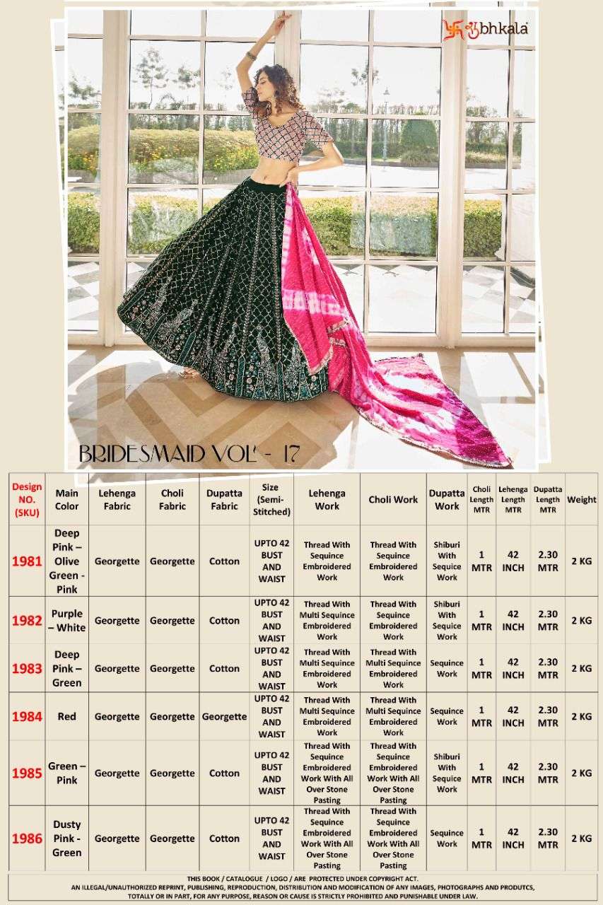 Bridesmaid Vol-17 By Shubhkala 1981 To 1986 Series Indian Traditional Beautiful Stylish Designer Banarasi Silk Jacquard Embroidered Party Wear Georgette Lehengas At Wholesale Price