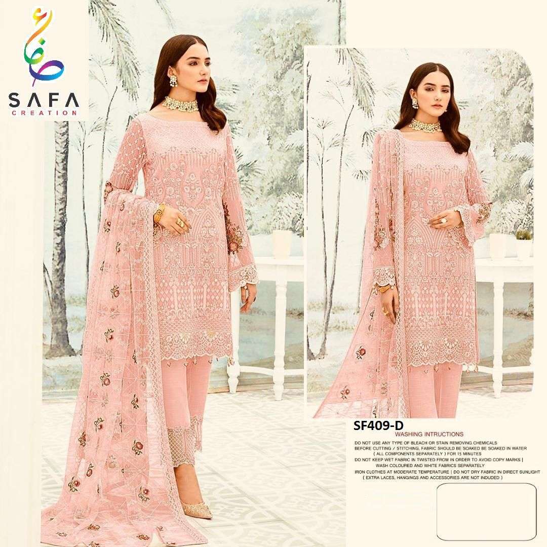 SF-409 COLOURS BY SAFA CREATION 409-A TO 409-D SERIES BEAUTIFUL PAKISTANI SUITS COLORFUL STYLISH FANCY CASUAL WEAR & ETHNIC WEAR FAUX GEORGETTE DRESSES AT WHOLESALE PRICE