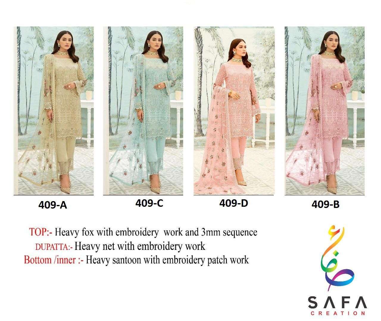 SF-409 COLOURS BY SAFA CREATION 409-A TO 409-D SERIES BEAUTIFUL PAKISTANI SUITS COLORFUL STYLISH FANCY CASUAL WEAR & ETHNIC WEAR FAUX GEORGETTE DRESSES AT WHOLESALE PRICE