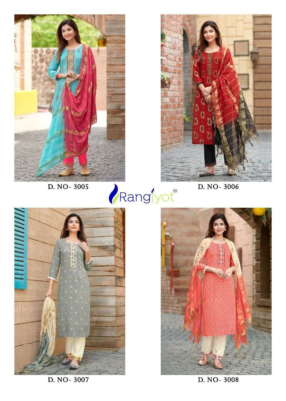 Rang Maya Vol-3 By Rangjyot Fashion 3001 To 3008 Series Beautiful Suits Colorful Stylish Fancy Casual Wear & Ethnic Wear Rayon Print With Work Dresses At Wholesale Price