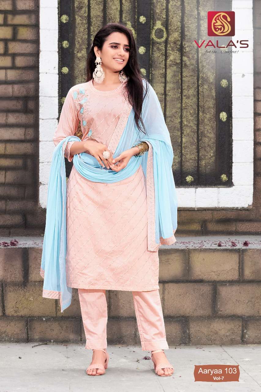 AARYAA VOL-7 BY VALAS 101 TO 106 SERIES BEAUTIFUL SUITS COLORFUL STYLISH FANCY CASUAL WEAR & ETHNIC WEAR CHANDERI DRESSES AT WHOLESALE PRICE