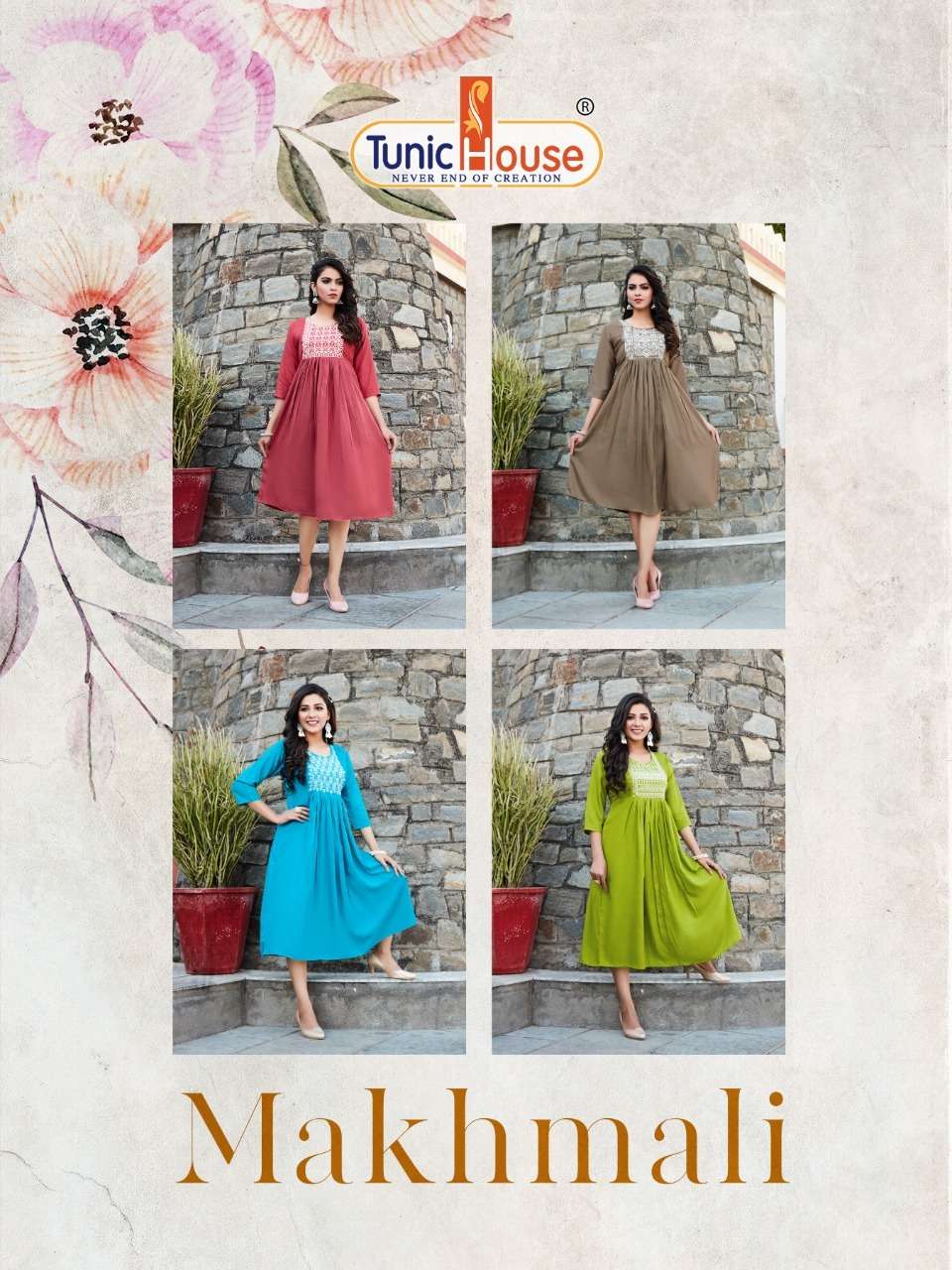 MAKHAMLI BY TUNIC HOUSE 1001 TO 1004 SERIES DESIGNER STYLISH FANCY COLORFUL BEAUTIFUL PARTY WEAR & ETHNIC WEAR COLLECTION RAYON EMBROIDERED KURTIS AT WHOLESALE PRICE