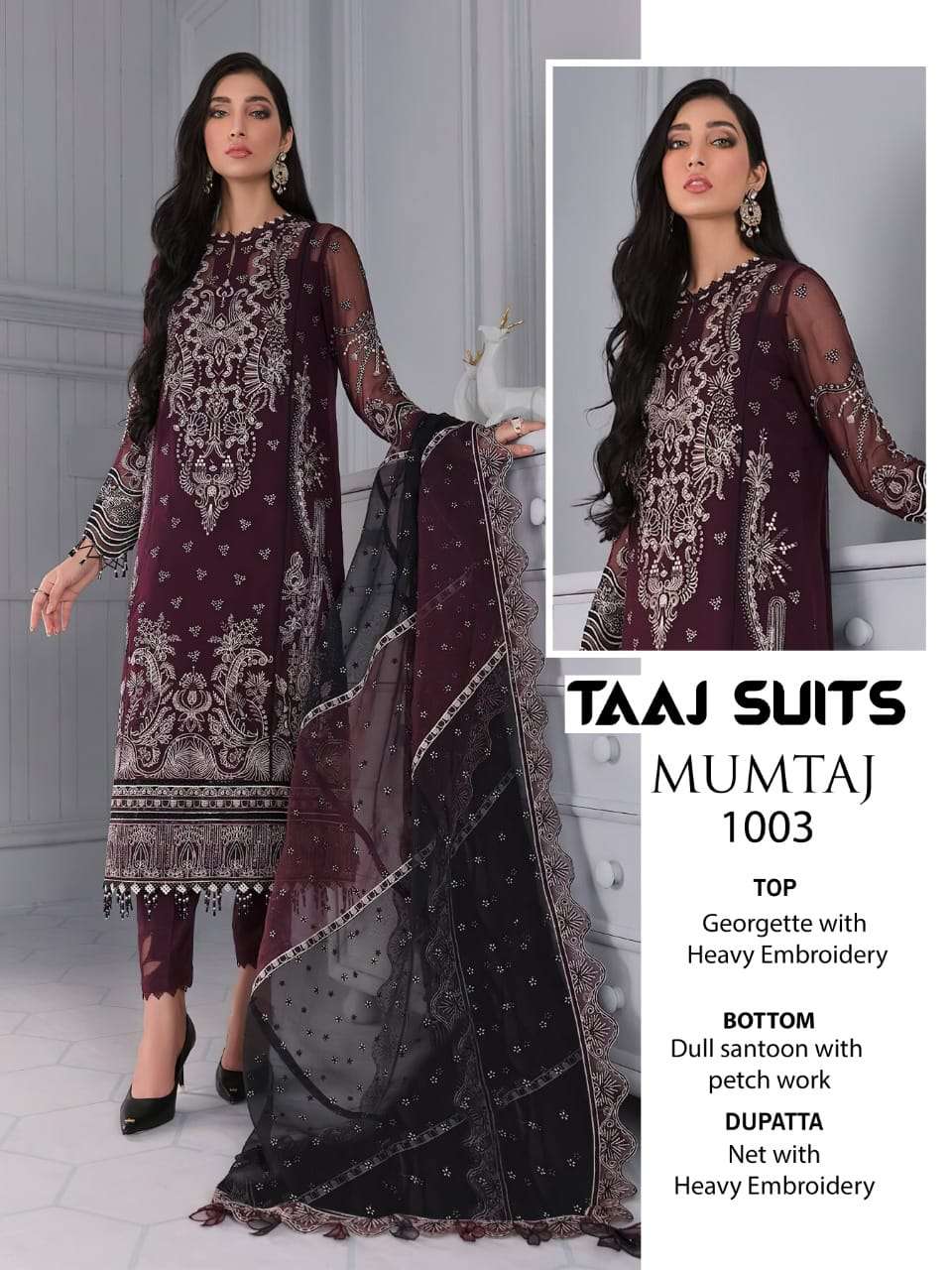 MUMTAZ BY TAAJ SUITS 1001 TO 1003 SERIES BEAUTIFUL PAKISTANI SUITS COLORFUL STYLISH FANCY CASUAL WEAR & ETHNIC WEAR GEORGETTE EMBROIDERED DRESSES AT WHOLESALE PRICE