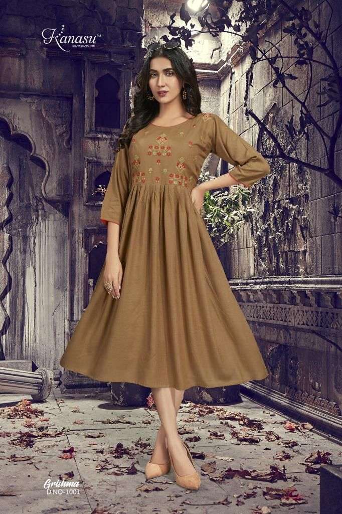 GRISHMA BY KANASU 1001 TO 1008 SERIES DESIGNER STYLISH FANCY COLORFUL BEAUTIFUL PARTY WEAR & ETHNIC WEAR COLLECTION RAYON SLUB KURTIS AT WHOLESALE PRICE