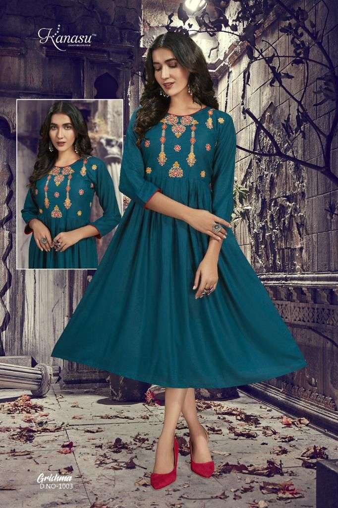 GRISHMA BY KANASU 1001 TO 1008 SERIES DESIGNER STYLISH FANCY COLORFUL BEAUTIFUL PARTY WEAR & ETHNIC WEAR COLLECTION RAYON SLUB KURTIS AT WHOLESALE PRICE