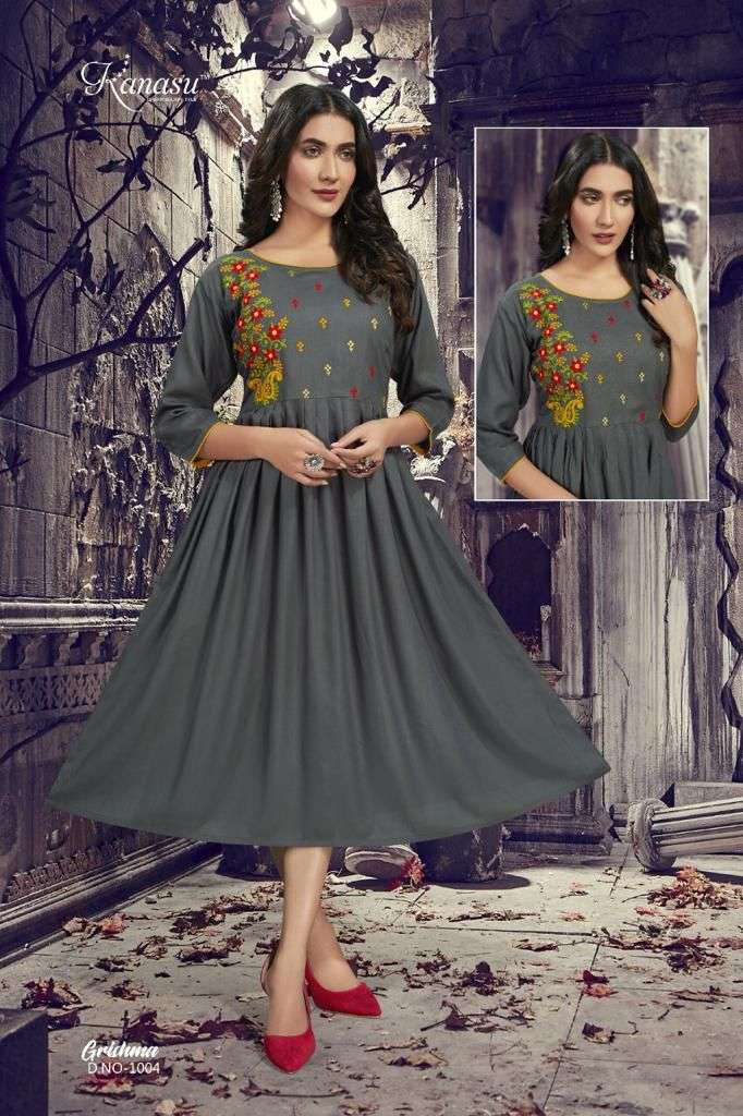 GRISHMA BY KANASU 1001 TO 1008 SERIES DESIGNER STYLISH FANCY COLORFUL BEAUTIFUL PARTY WEAR & ETHNIC WEAR COLLECTION RAYON SLUB KURTIS AT WHOLESALE PRICE