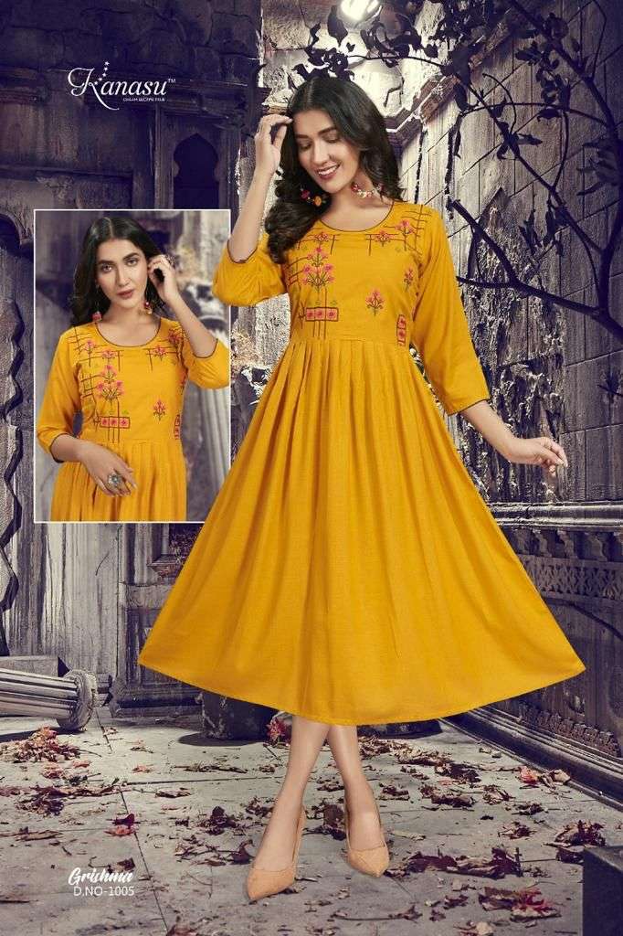 GRISHMA BY KANASU 1001 TO 1008 SERIES DESIGNER STYLISH FANCY COLORFUL BEAUTIFUL PARTY WEAR & ETHNIC WEAR COLLECTION RAYON SLUB KURTIS AT WHOLESALE PRICE