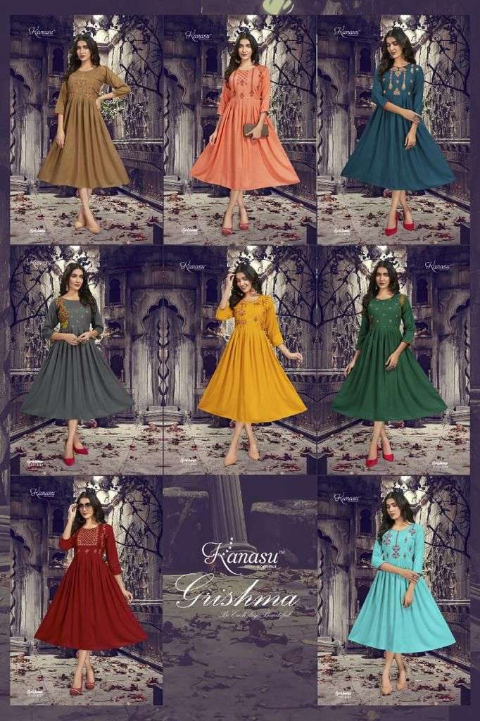 GRISHMA BY KANASU 1001 TO 1008 SERIES DESIGNER STYLISH FANCY COLORFUL BEAUTIFUL PARTY WEAR & ETHNIC WEAR COLLECTION RAYON SLUB KURTIS AT WHOLESALE PRICE