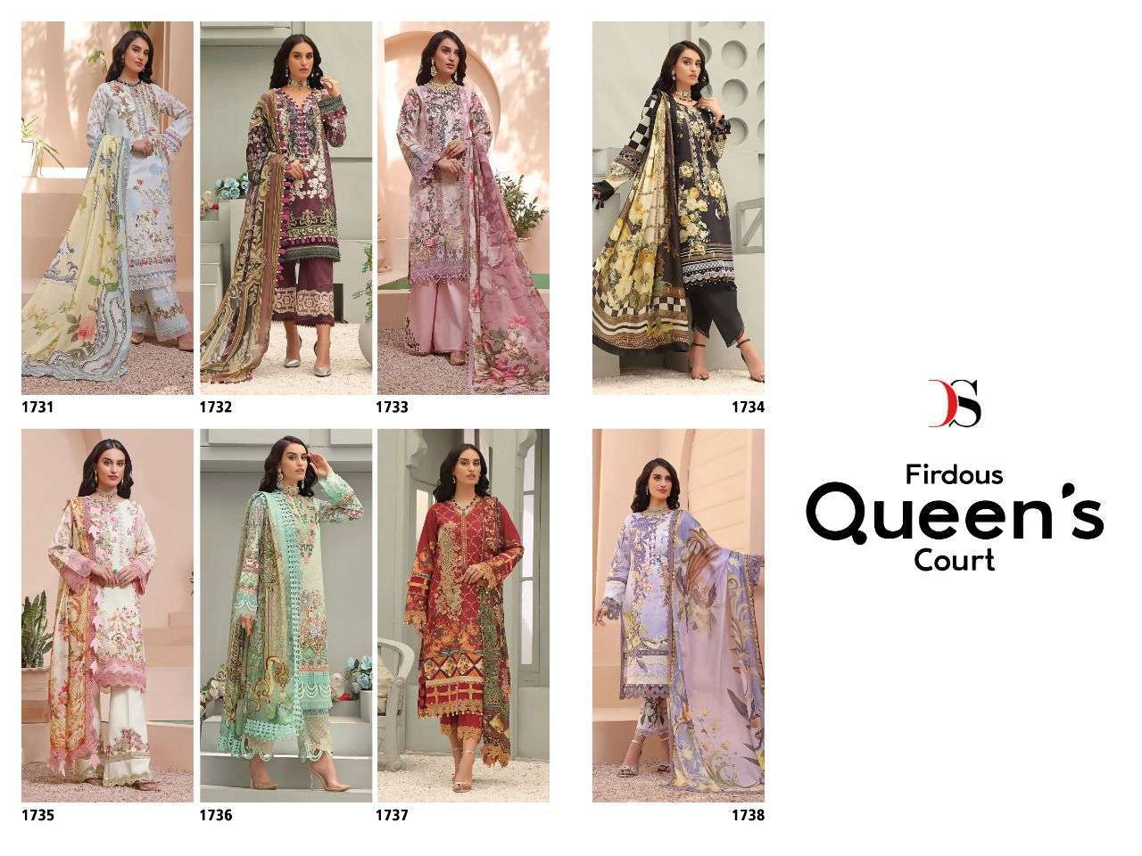 FIRDOUS QUEENS COURT BY DEEPSY SUITS 1731 TO 1738 SERIES BEAUTIFUL PAKISTANI SUITS COLORFUL STYLISH FANCY CASUAL WEAR & ETHNIC WEAR PURE COTTON DRESSES AT WHOLESALE PRICE