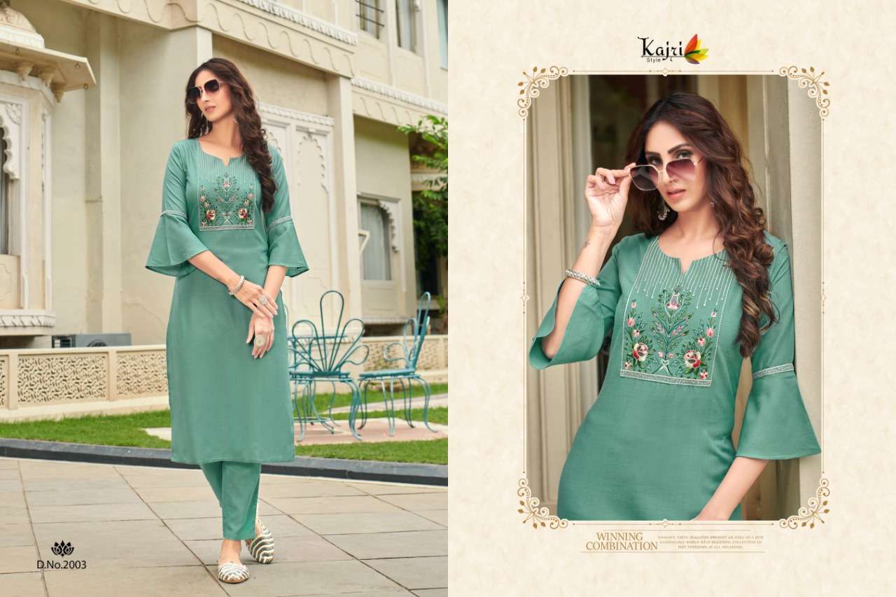 NAMYA VOL-2 BY KAJRI STYLE 2001 TO 2008 SERIES DESIGNER STYLISH FANCY COLORFUL BEAUTIFUL PARTY WEAR & ETHNIC WEAR COLLECTION RAYON WITH WORK KURTIS WITH BOTTOM AT WHOLESALE PRICE