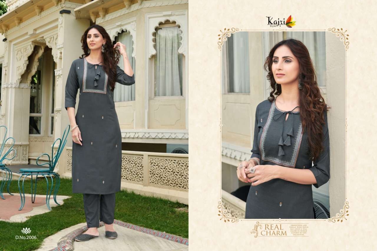 NAMYA VOL-2 BY KAJRI STYLE 2001 TO 2008 SERIES DESIGNER STYLISH FANCY COLORFUL BEAUTIFUL PARTY WEAR & ETHNIC WEAR COLLECTION RAYON WITH WORK KURTIS WITH BOTTOM AT WHOLESALE PRICE