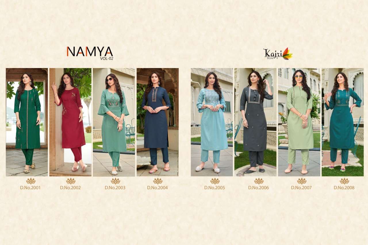 NAMYA VOL-2 BY KAJRI STYLE 2001 TO 2008 SERIES DESIGNER STYLISH FANCY COLORFUL BEAUTIFUL PARTY WEAR & ETHNIC WEAR COLLECTION RAYON WITH WORK KURTIS WITH BOTTOM AT WHOLESALE PRICE