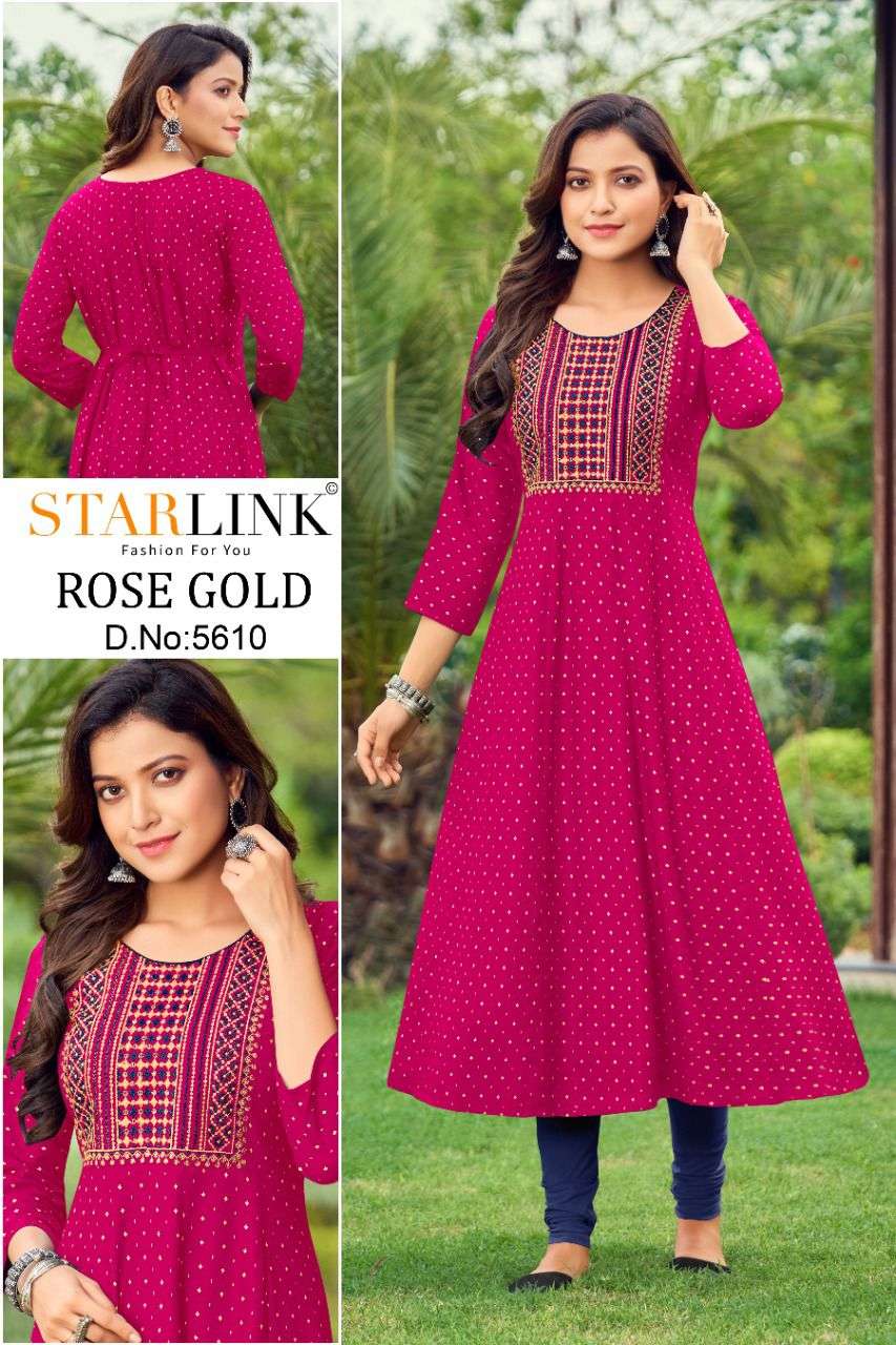 ROSE GOLD BY STARLINK 5601 TO 5610 SERIES DESIGNER STYLISH FANCY COLORFUL BEAUTIFUL PARTY WEAR & ETHNIC WEAR COLLECTION PURE RAYON KURTIS AT WHOLESALE PRICE