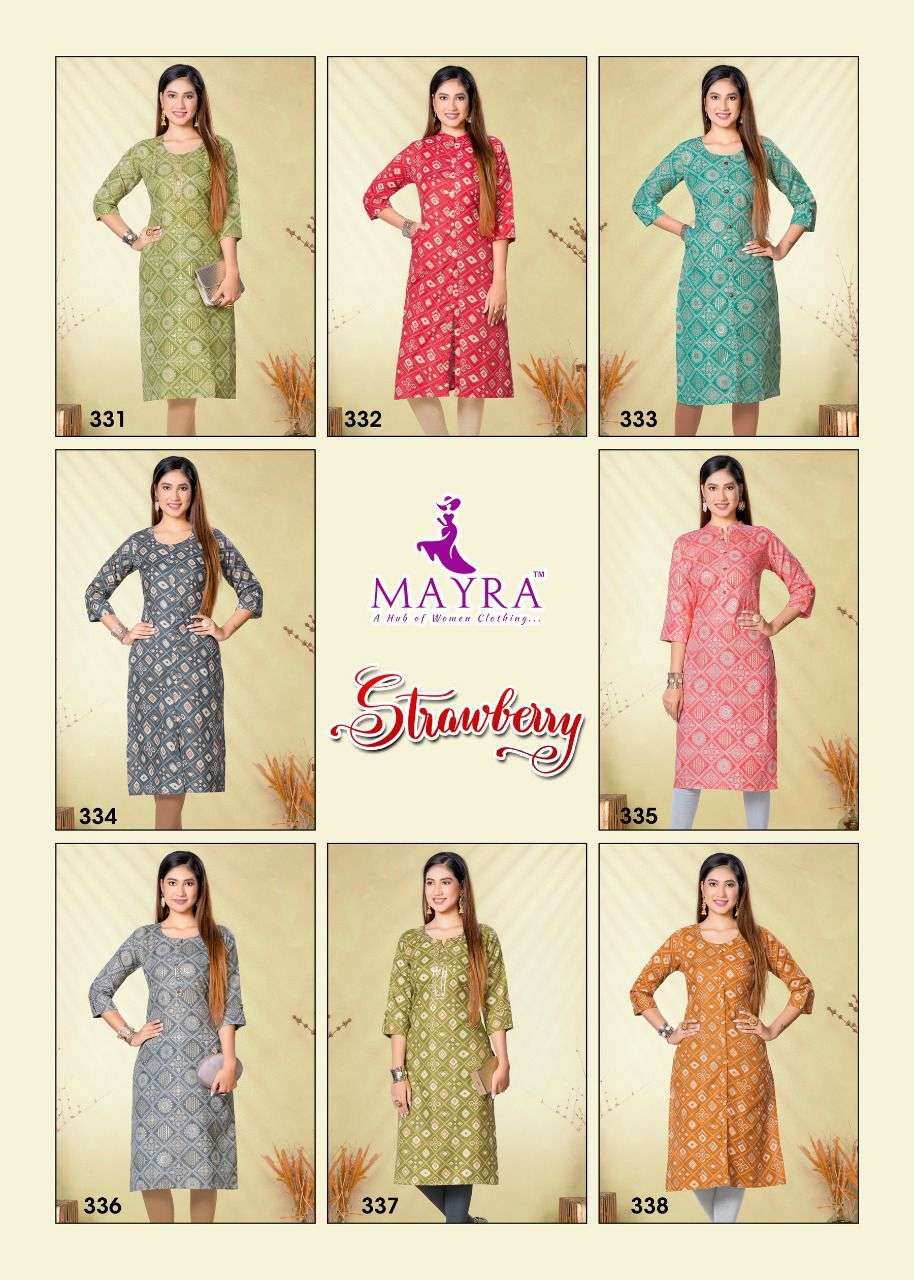 STRAWBERRY BY MAYRA 331 TO 338 SERIES DESIGNER STYLISH FANCY COLORFUL BEAUTIFUL PARTY WEAR & ETHNIC WEAR COLLECTION RAYON FOIL PRINT KURTIS AT WHOLESALE PRICE