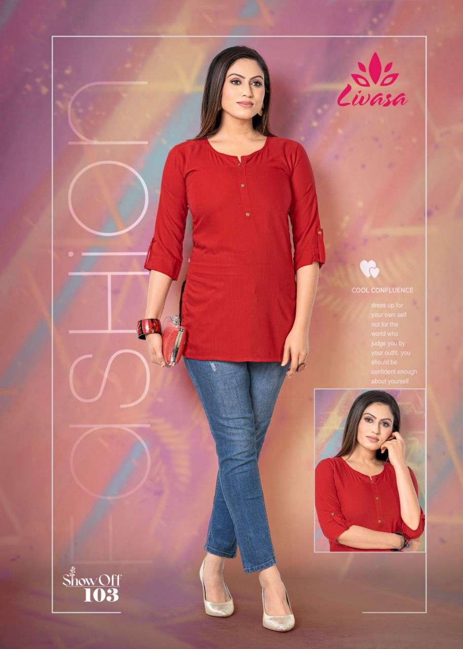 SHOW OFF BY LIVASA 101 TO 110 SERIES BEAUTIFUL STYLISH FANCY COLORFUL CASUAL WEAR & ETHNIC WEAR HEAVY RAYON EMBROIDERED TOPS AT WHOLESALE PRICE