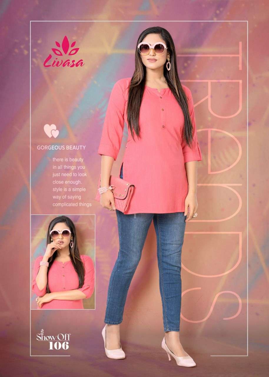 SHOW OFF BY LIVASA 101 TO 110 SERIES BEAUTIFUL STYLISH FANCY COLORFUL CASUAL WEAR & ETHNIC WEAR HEAVY RAYON EMBROIDERED TOPS AT WHOLESALE PRICE