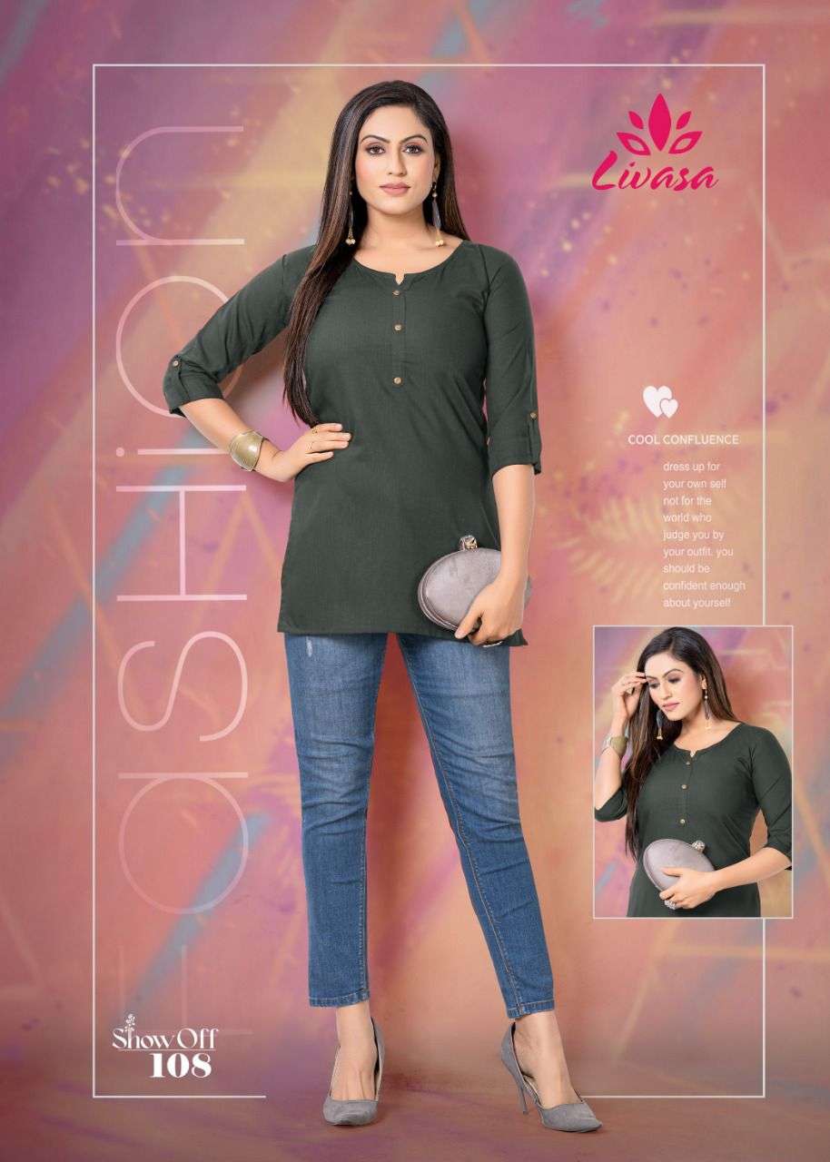 SHOW OFF BY LIVASA 101 TO 110 SERIES BEAUTIFUL STYLISH FANCY COLORFUL CASUAL WEAR & ETHNIC WEAR HEAVY RAYON EMBROIDERED TOPS AT WHOLESALE PRICE