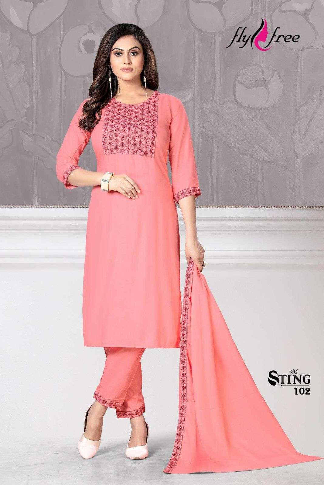 STING BY FLY FREE 101 TO 106 SERIES BEAUTIFUL SUITS COLORFUL STYLISH FANCY CASUAL WEAR & ETHNIC WEAR RAYON EMBROIDERED DRESSES AT WHOLESALE PRICE