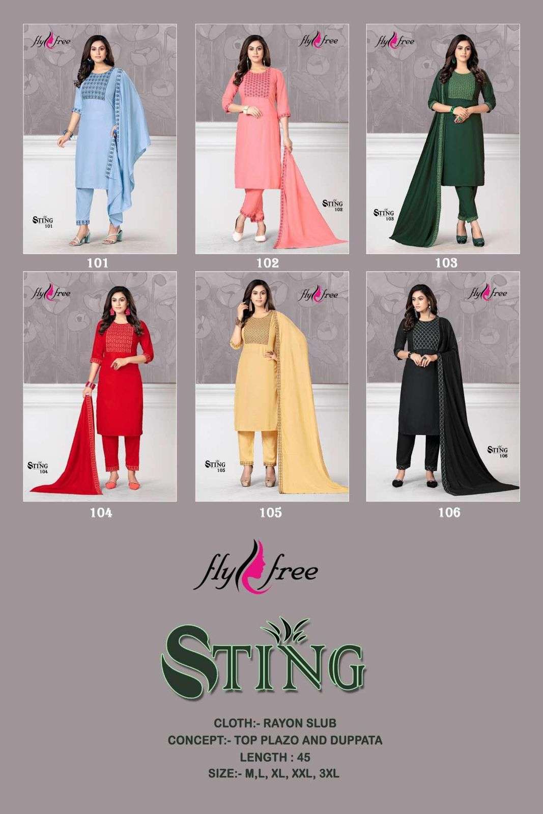 STING BY FLY FREE 101 TO 106 SERIES BEAUTIFUL SUITS COLORFUL STYLISH FANCY CASUAL WEAR & ETHNIC WEAR RAYON EMBROIDERED DRESSES AT WHOLESALE PRICE