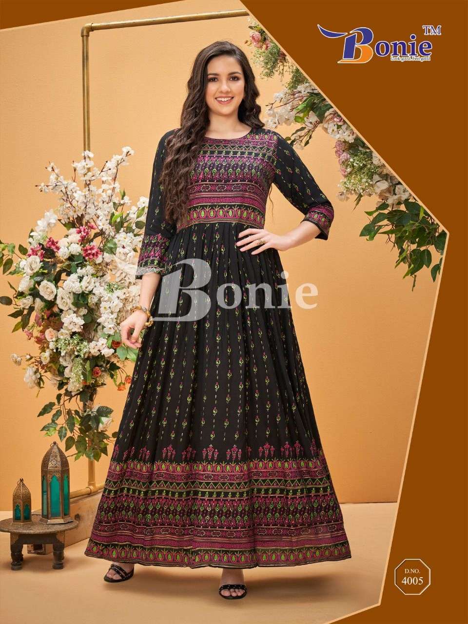 SENORITA VOL-4 BY BONIE 4001 TO 4008 SERIES BEAUTIFUL STYLISH FANCY COLORFUL CASUAL WEAR & ETHNIC WEAR HEAVY RAYON GOWNS AT WHOLESALE PRICE