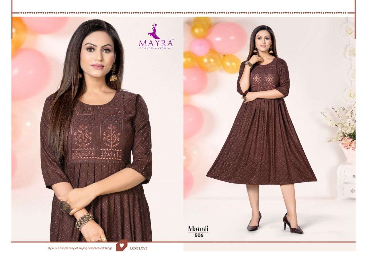 MANALI BY MAYRA 501 TO 508 SERIES DESIGNER STYLISH FANCY COLORFUL BEAUTIFUL PARTY WEAR & ETHNIC WEAR COLLECTION PURE RAYON KURTIS AT WHOLESALE PRICE