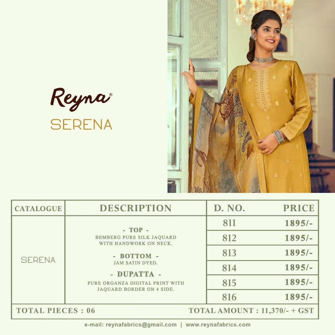 SERENA BY REYNA 811 TO 816 SERIES BEAUTIFUL SUITS COLORFUL STYLISH FANCY CASUAL WEAR & ETHNIC WEAR PURE SILK DRESSES AT WHOLESALE PRICE