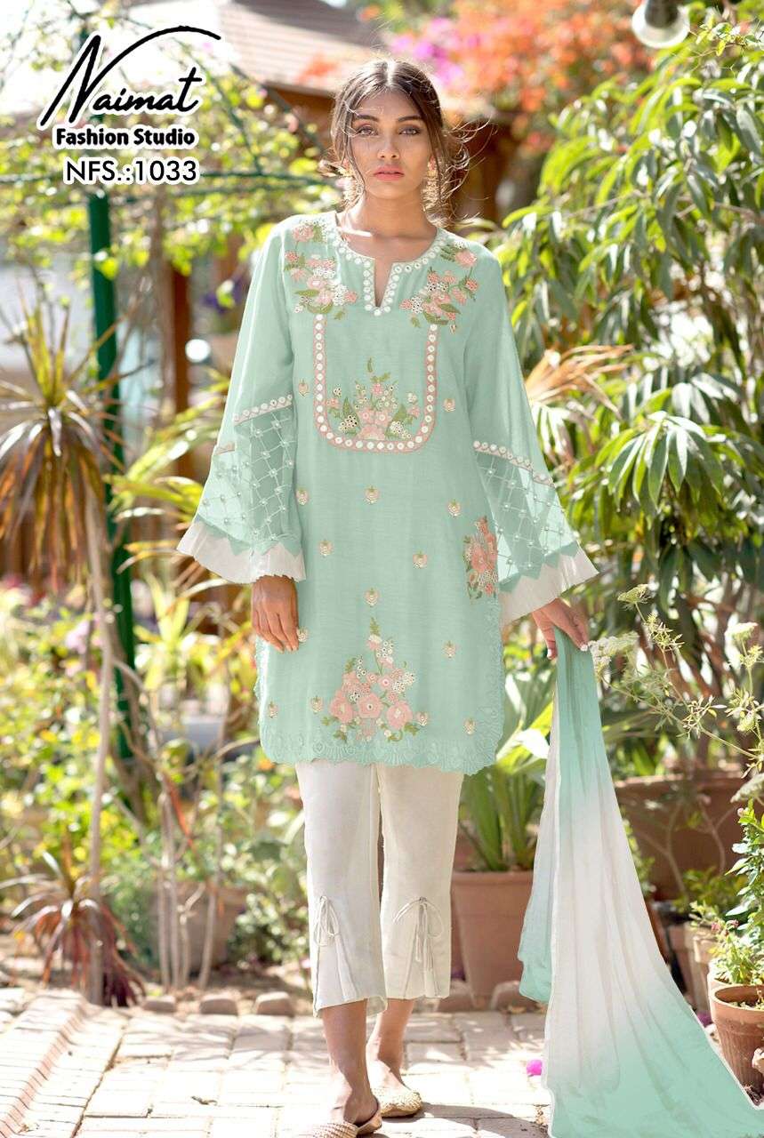 NAIMAT 1033 COLOURS BY NAIMAT FASHION STUDIO 1033-A TO 1033-C SERIES BEAUTIFUL PAKISTANI SUITS COLORFUL STYLISH FANCY CASUAL WEAR & ETHNIC WEAR PURE FAUX GEORGETTE DRESSES AT WHOLESALE PRICE