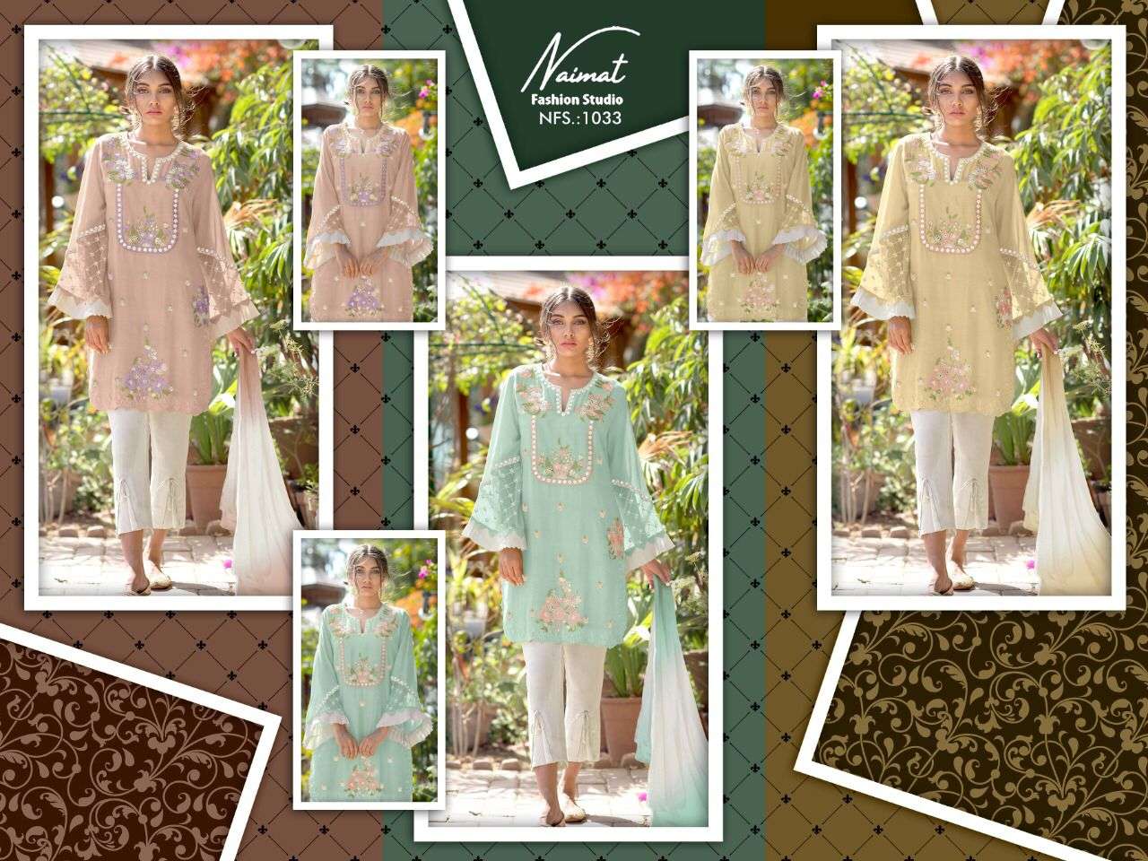NAIMAT 1033 COLOURS BY NAIMAT FASHION STUDIO 1033-A TO 1033-C SERIES BEAUTIFUL PAKISTANI SUITS COLORFUL STYLISH FANCY CASUAL WEAR & ETHNIC WEAR PURE FAUX GEORGETTE DRESSES AT WHOLESALE PRICE