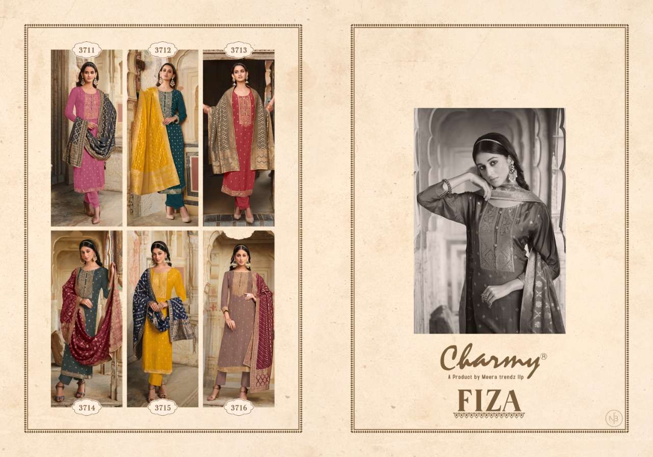 FIZA BY CHARMY 3711 TO 3716 SERIES BEAUTIFUL SUITS COLORFUL STYLISH FANCY CASUAL WEAR & ETHNIC WEAR SILK JACQUARD DRESSES AT WHOLESALE PRICE