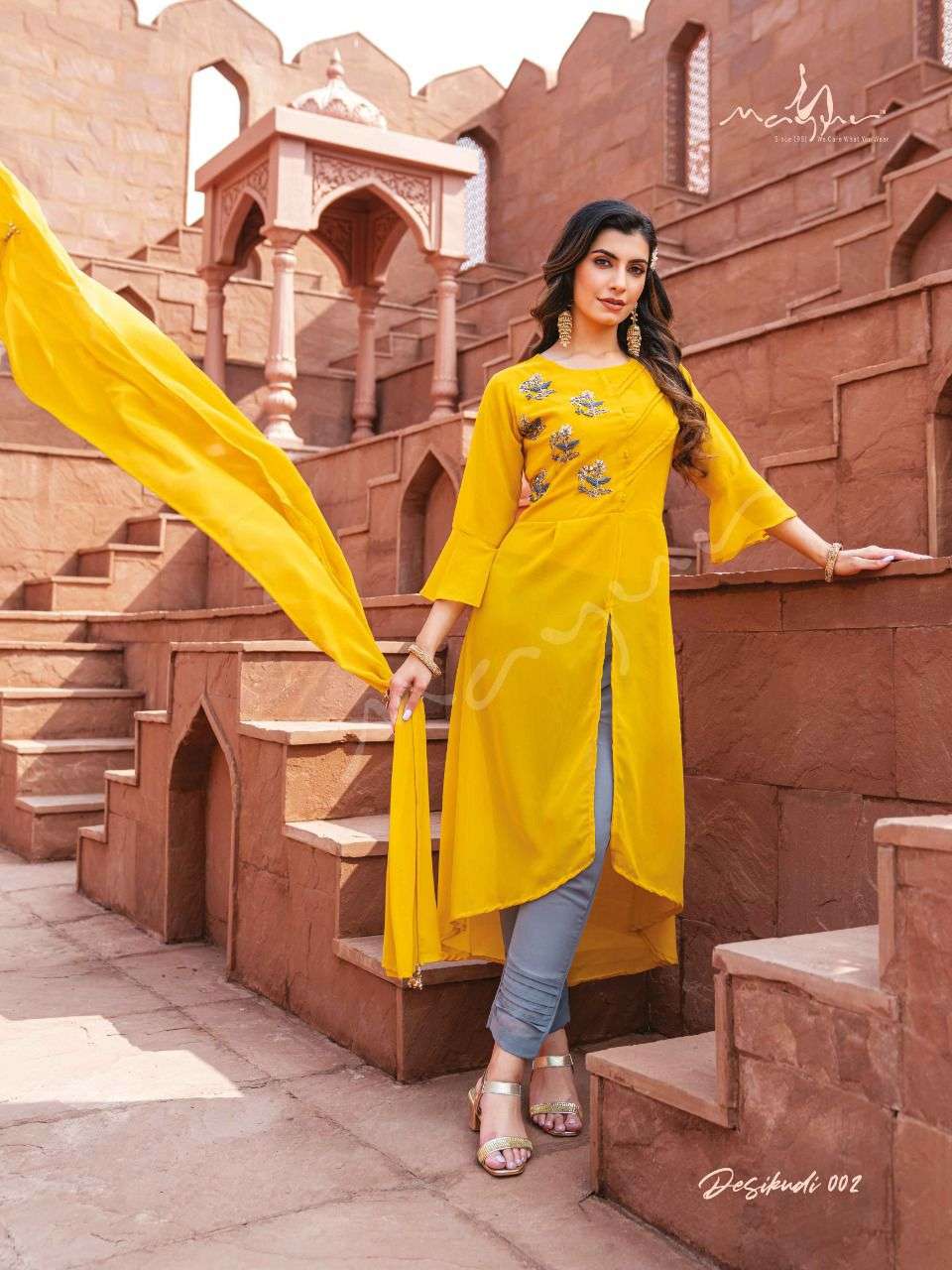 DESI KUDI BY MAYUR 001 TO 006 SERIES BEAUTIFUL SUITS COLORFUL STYLISH FANCY CASUAL WEAR & ETHNIC WEAR FAUX GEORGETTE DRESSES AT WHOLESALE PRICE