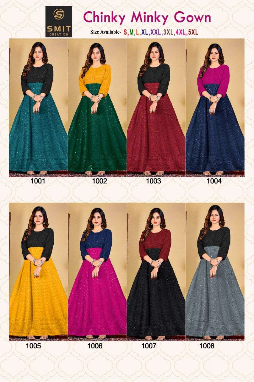 CHINKY MINKY GOWN BY SMIT CREATION 1001 TO 1008 SERIES BEAUTIFUL STYLISH FANCY COLORFUL CASUAL WEAR & ETHNIC WEAR FANCY GOWNS AT WHOLESALE PRICE