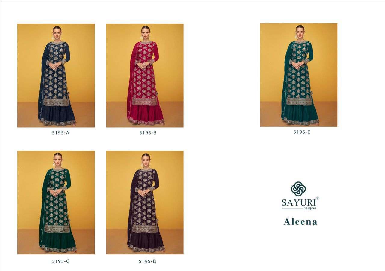 Aleena By Sayuri 5195-A To 5195-E Series Beautiful Sharara Suits Colorful Stylish Fancy Casual Wear & Ethnic Wear Georgette Embroidered Dresses At Wholesale Price